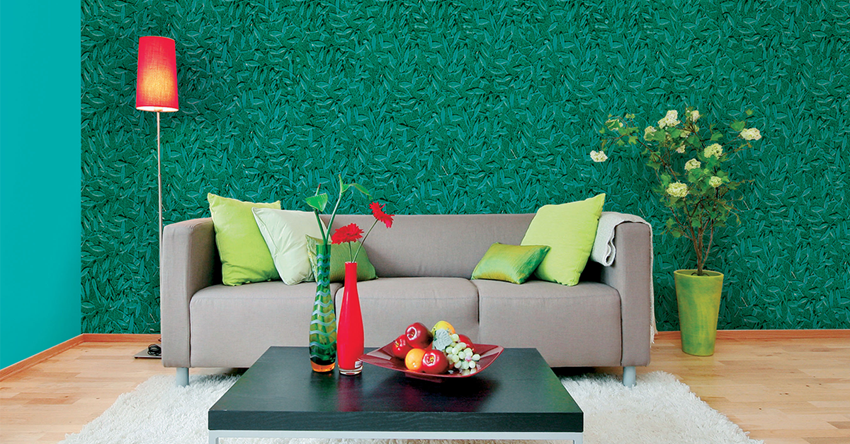 Green coloured Flora textured wall in the living room