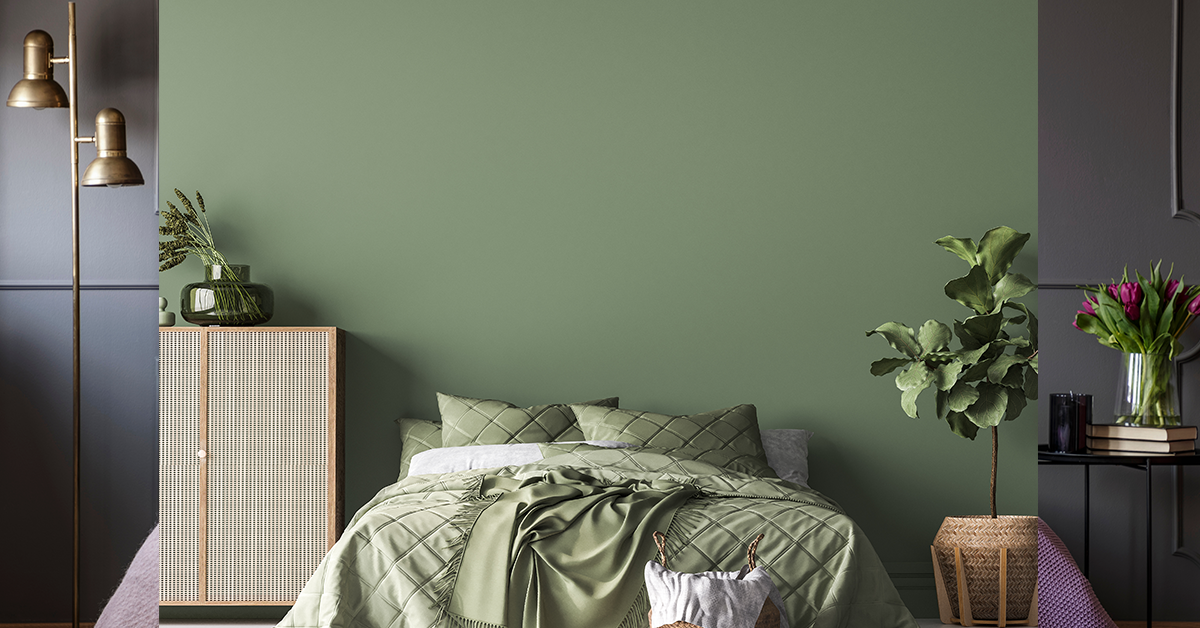 Bedroom wall painted in green colour