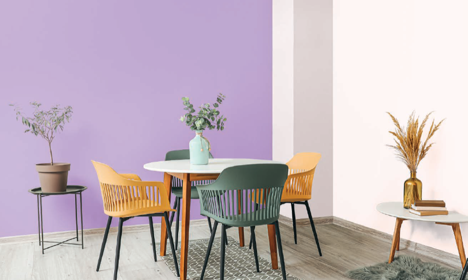 Dinning room colour purple theme with colours white glove and upbeat