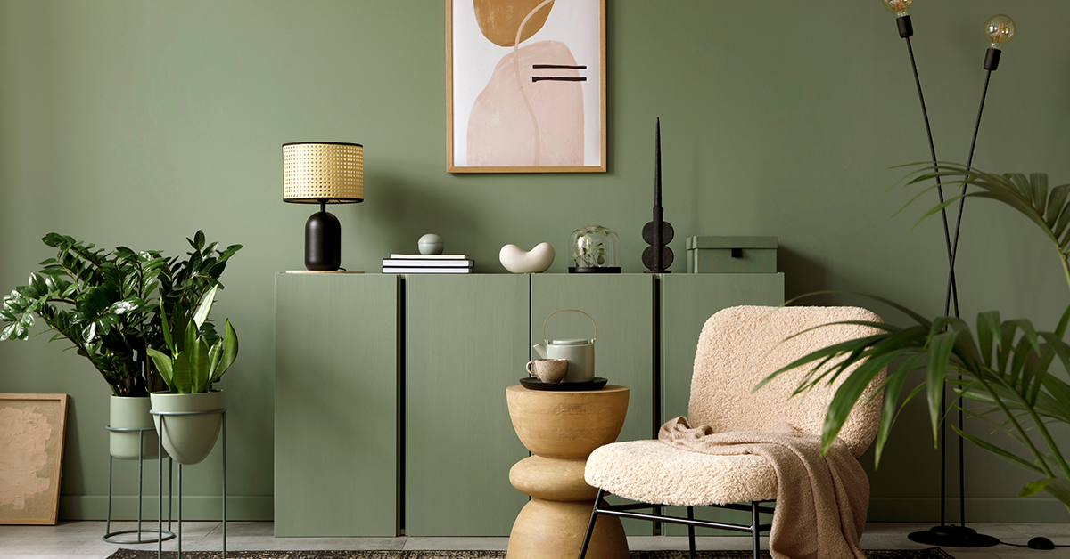 Green wall paint for home, interior for summer