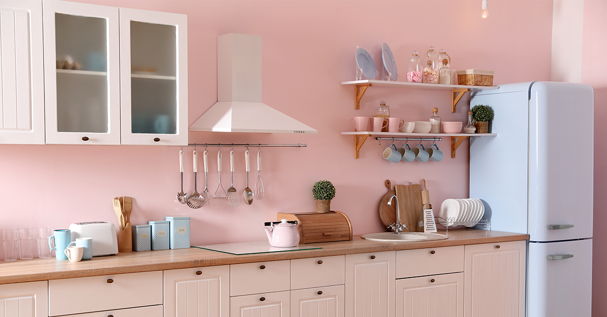 Modular kitchen baby pink & white colour combination