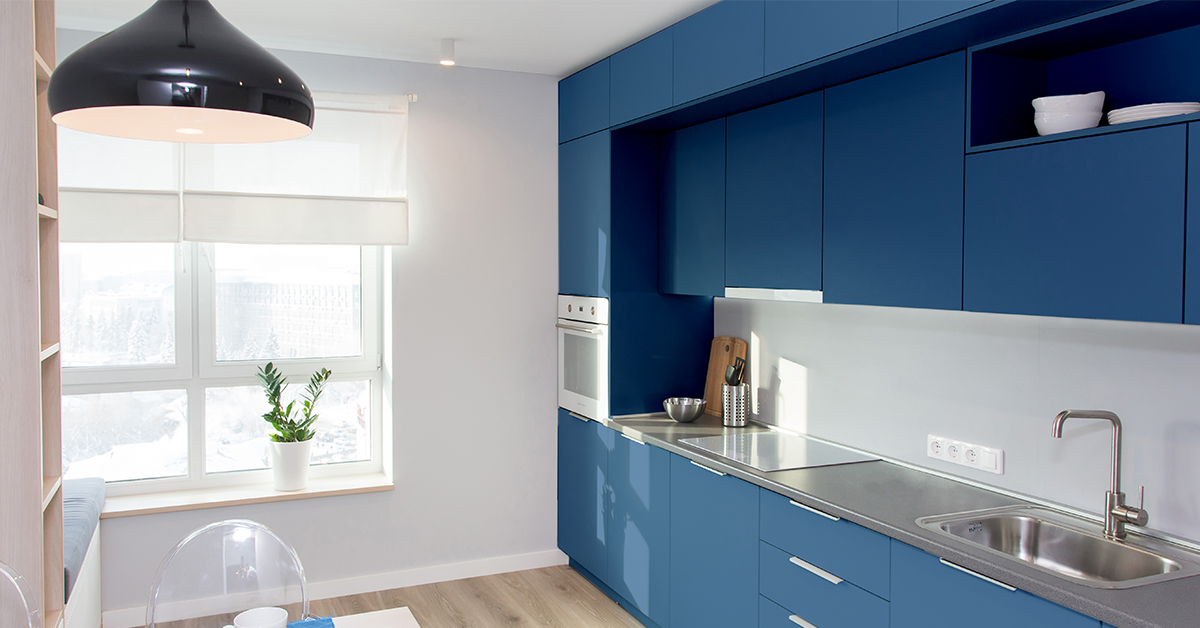 Modular kitchen colour combination navy blue and white wall