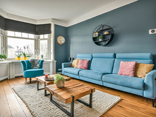 Blue-themed furnished living room