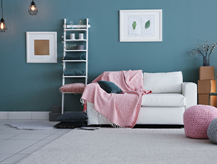 blue wall white and pink decor