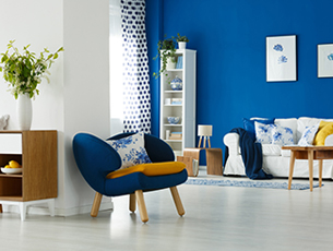 blue and white living room wall