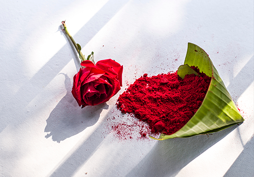 Red Paint Powder In A Leaf Beside Rose