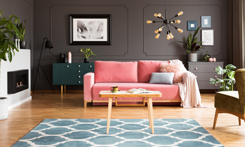 grey wall pink blue decor