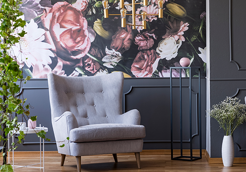 Floral Wall Print Behind White Lounge Chair
