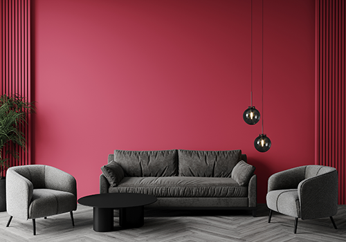Dark Pink Wall With Grey Sofa Set