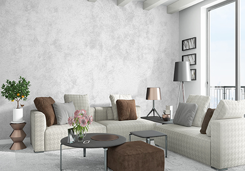 White and grey textured wall paint for modern spacious living room